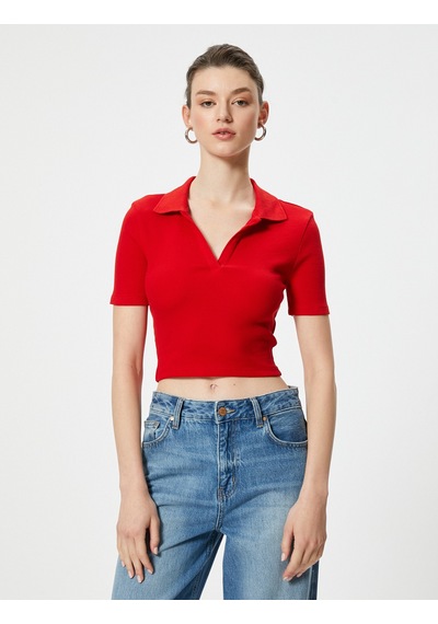 Koton Crop Tişört Basic Polo Yaka Kısa Kollu Kırmızı 4sak50636ek Kırmızı