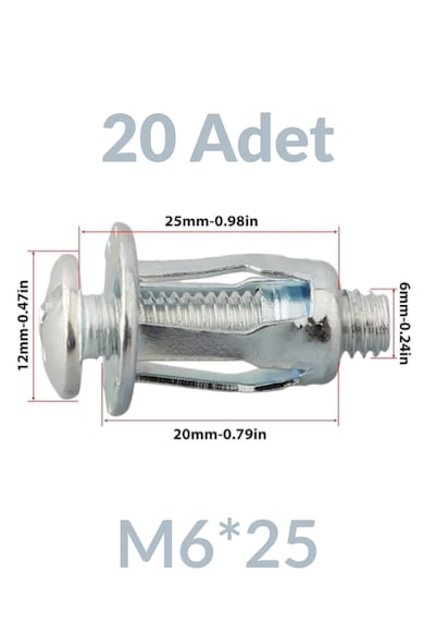 M6x25 20 Adet Sac Arkası Açılır Somun Çiçek Perçin Somunu - Kriko Ankraj Fener Tipi Genleşme Vidası M6
