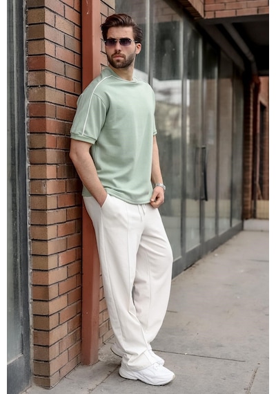 Madmext Mint Yeşili Şerit Detaylı Modern Kesim Erkek Tişört E7182