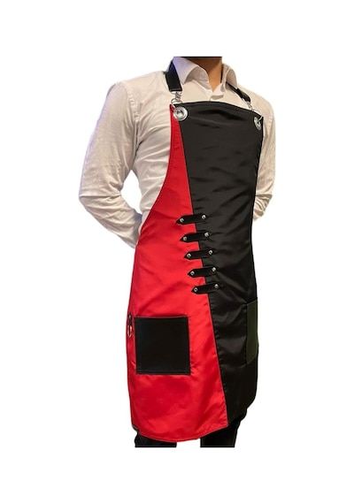 Çift Renkli Askılı Micropolyester Deri Cepli Önlük Cafe Chef Restoran Kuaför Önlük Modeli Kırmızısiyah