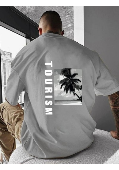 Tourısm Baskılı Oversize Tişört Gri