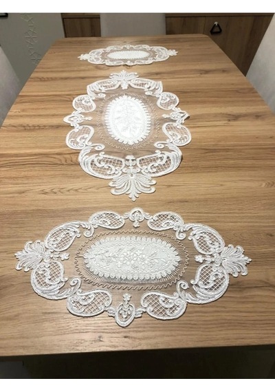 Salon Oda Takımı Dantelli Runner Set Üç Parça Çok Renkli