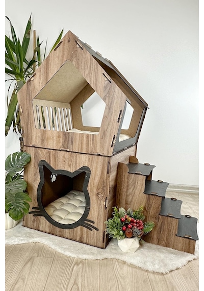 Mavitrend Ahşap Büyük Kedi Evi Xxl Açık Teraslı Model