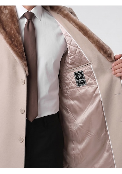 Plus Scorpion Erkek Uzun Kaşe Kaban Çıkartılabilir Kürk Yaka, Astarlı Ve Cepli Slim Fit Mont Bej