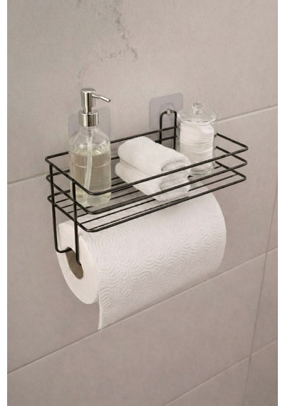Sas Haus Yapışkanlı Raflı Kağıt Rulo Havluluk Peçetelik Havlu Kağıtlık Siyah Banyo Mutfak Düzenleyici Raf Shr-01 siyah