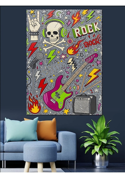 Ahşap Tablo Rock Müzik Kafatası Poster