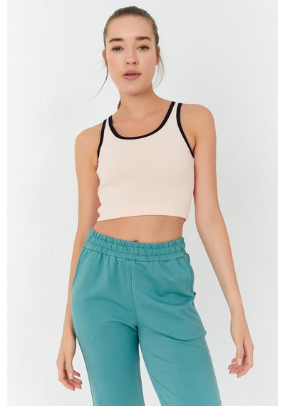 Tommy Life Somon Basic Sıfır Kol Dar Kalıp U Yaka Kadın Crop Top Atlet - 97162 Somon