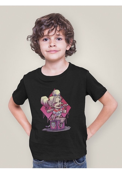 Sevbano Harley Quinn Joker Baskılı Unisex Film Karakteri Çocuk Tişört 1- Siyah