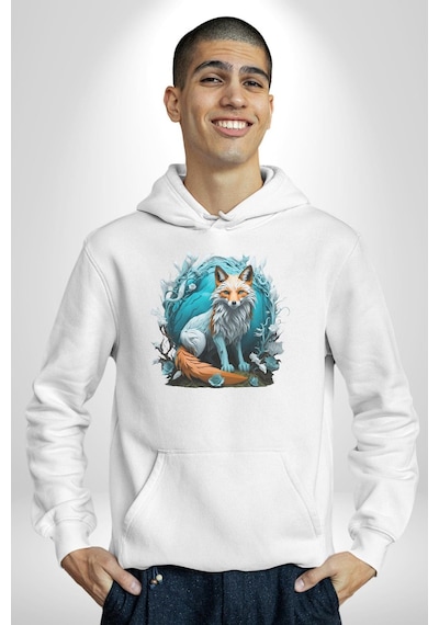 Beyaz Kurt Altın Maske Doğa Kadın Erkek Beyaz Kapüşonlu Sweatshirt Hoodie Beyaz