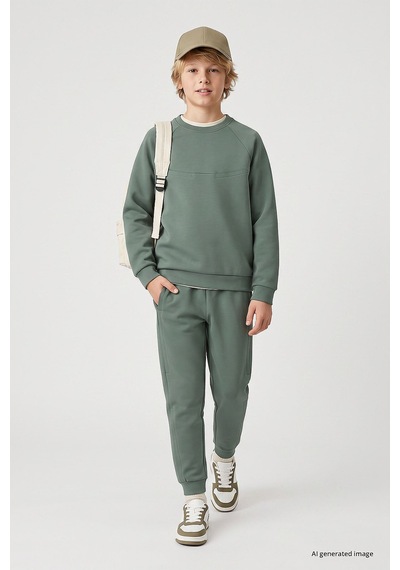 TOMMYLIFE Açık Yeşil Standart Fit Basic Dikiş Detaylı Erkek Çocuk Eşofman Takım - 11325 Yeşili