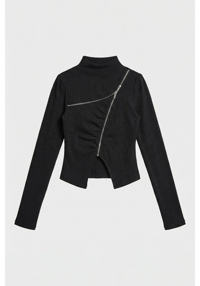 Itsbasic Kadın Siyah W5 Asimetrik Kesim Fermuar Detaylı Özel Tasarım Crop Top