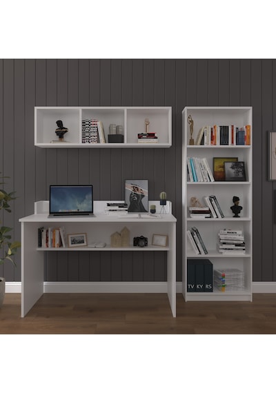 Asra Trend Çalışma Masası Seti ÇMT001 %100 MDF Kitaplıklı Raflı Ofis Takımı Beyaz