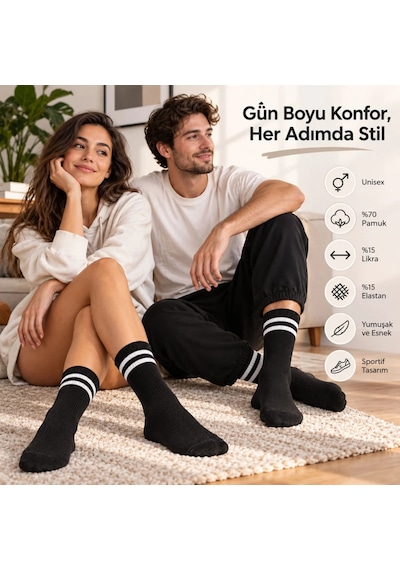COJans Unisex Siyah Çorap Beyaz Çizgili 6'lı Set Uzun Soket Günlük Spor Kolej Stil Rahat Şık Tasarım Modeli Çok Renkli