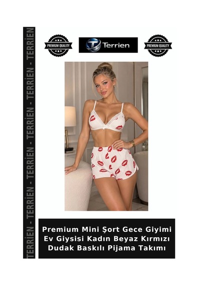 Terrien Premium Mini Şort Gece Giyimi Ev Giysisi Kadın Beyaz Kırmızı Dudak Baskılı Pijama Takımı Beyaz - Kırmızı