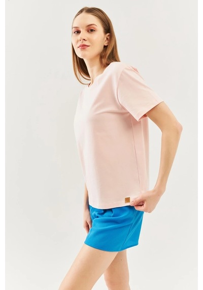 Kadın Oversize Rahat %100 Pamuklu Penye Bisiklet Yaka Kısa Kol Basic T-shirt Pudra