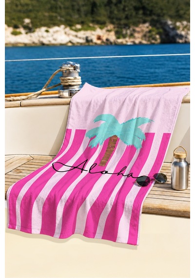 Palmiye Çizgili Tropikal Plaj Havlusu - Pembe Marine Modern Hızlı Kuruyan Mikrofiber Havlu Köpük Deniz