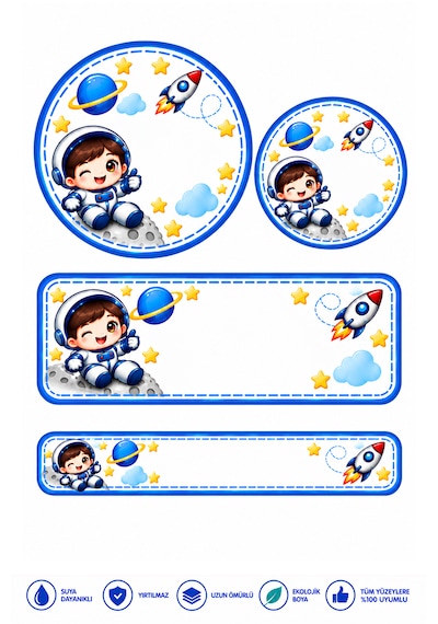 Astronot Okul Etiketi Kalem Defter Özel İsim Yazılabilen Sticker Çok Renkli