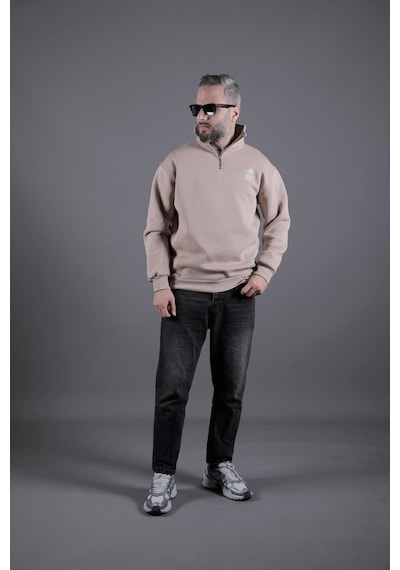 Dik Yakalı Parçalı Erkek Sweatshirt Krem