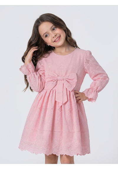 Pina Kids Kız Çocuk Uzun Kollu Önü Kurdelalı Fisto Elbise Pembe