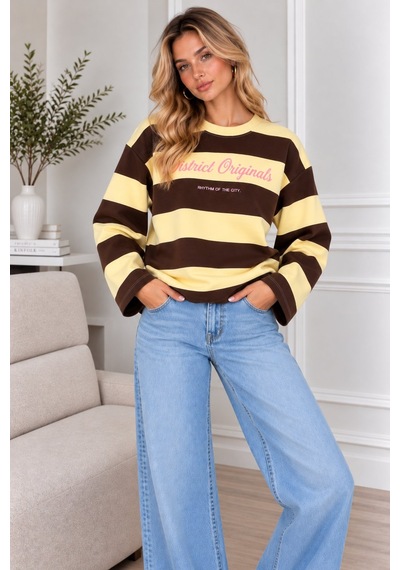Lima Sarı Kadın Çizgili Oversize Sweatshirt Bisiklet Yaka Baskılı Uzun Kollu Sweat