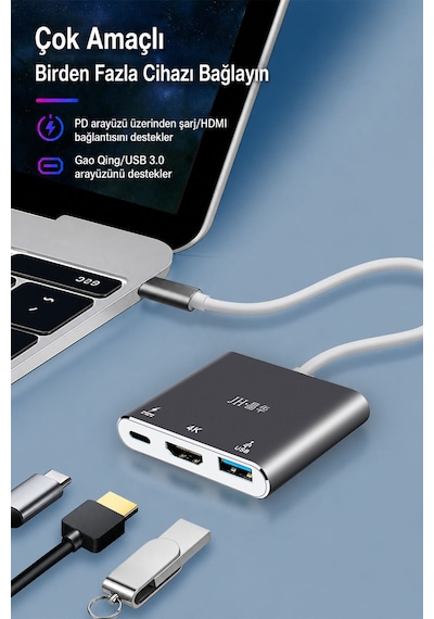 Type-c Hdmı Usb 3.0 Pd Hub Adaptör, 3ü 1 Arada Çoklayıcı, 4k Görüntü Aktarımı, 65w Pd Hızlı Şarj, Macbook Laptop Telefon Uyumlu, Alüminyum Gövde Z330
