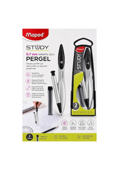 0.7 Uçlu Metal Pergel 1 Adet Maped 119430 Kutulu Metal Pergel Versatil Uçlu Mekanik Kalem Basmalı Uçlu Pergel Matematik Siyah