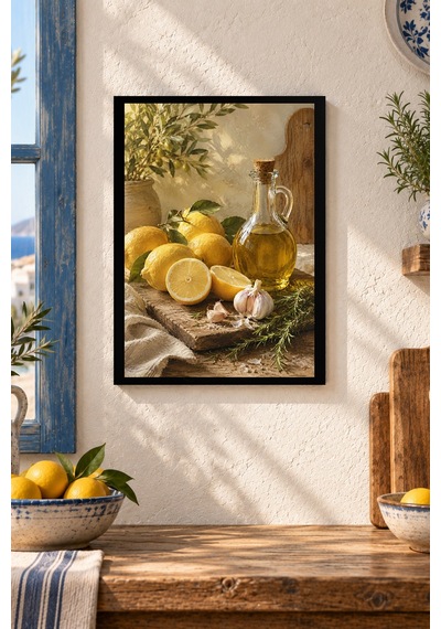 Limon Ve Zeytinyağı Desenli Dekoratif Mdf Tablo, Çerçeve Görünümlü Ahşap Poster