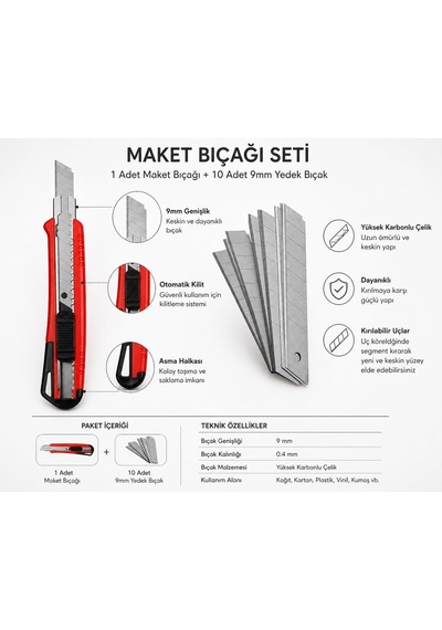 Mini Falçata Seti 9mm Maket Bıçağı + 10 Adet Yedek Bıçak Küçük Boy Kesici Falçata Hassas Kesim Karton Kağıt Plastik Kesme Bıçağı Asorti Renk