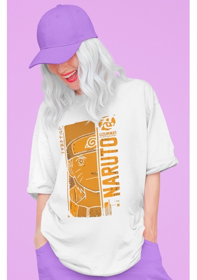 Tasarım Naruto Uzumaki Baskılı Unisex Oversize Naruto Anime Dizi Beyaz