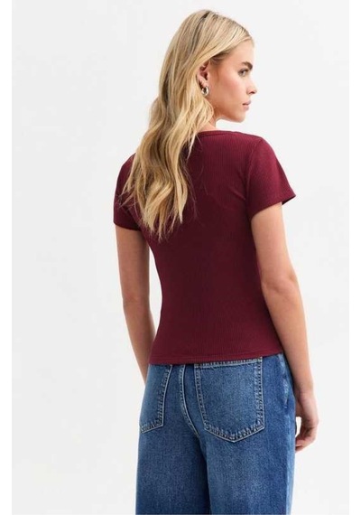 Rooted Kadın Kare Yaka T-shirt & Bluz , Likralı Fitilli Kaşkorse Kumaş Bordo