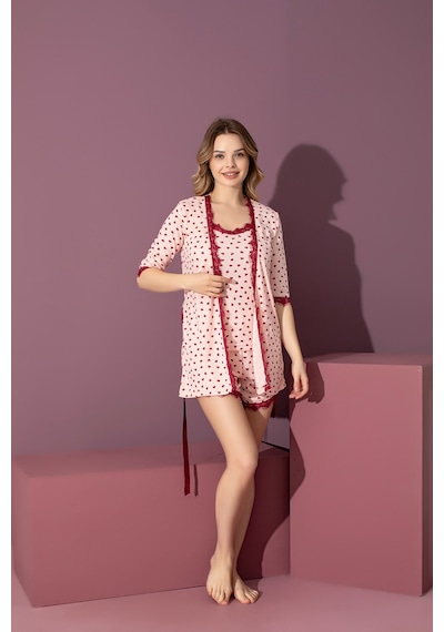 Rindahomewear Kadın 3 Lü Fitilli Viskon Şort Sabahlık Set Pembe1