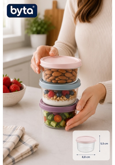 3'lü 175 Ml Mini Yuvarlak Saklama Kabı Seti Kapaklı Bpa Free Gıda Saklama Kabı Şeffaf