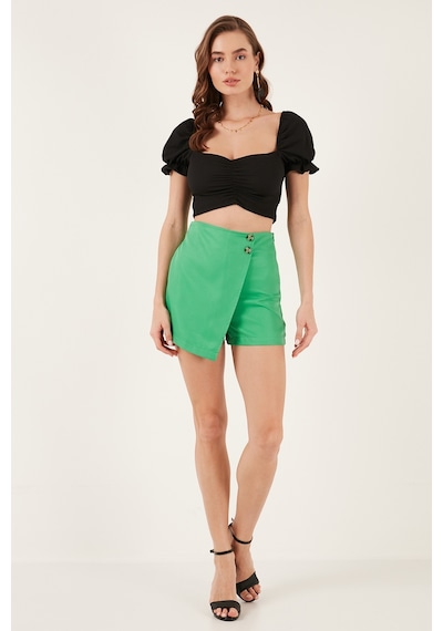 Lela Slim Fit Büzgü Detaylı Kalp Yaka Crop Bayan Bluz 5865601 Siyah
