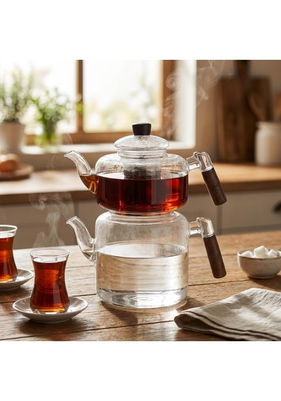 Akasya Cam Çaydanlık Takımı 1800 Ml + 950 Ml - Ahşap Kulplu Isıya Dayanıklı Borosilikat Şeffaf Çaydanlık çok renkli
