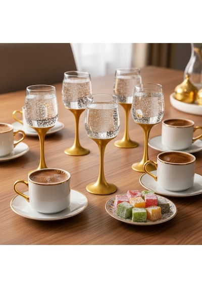 Alfafe Home Gold Ayaklı Cam Su Ve Meşrubat Kadehi 6 Lı Set Lüks Sofra Takımı, Şık Servis Bardağı Altın