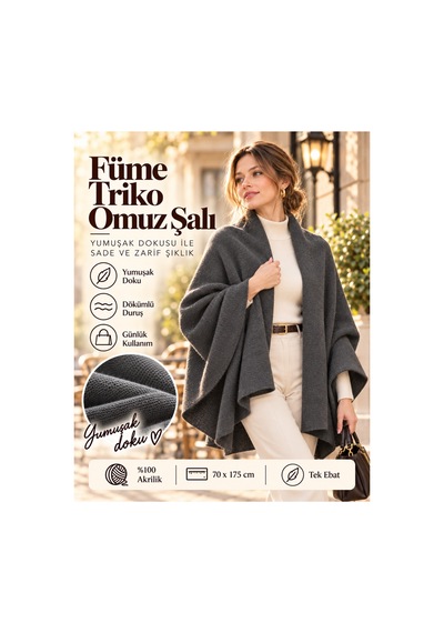 Comerciante Füme Düz Triko Kadın Omuz Şalı Yumuşak Dokulu Kışlık Şal 70x175 Cm %100 Akrilik Füme - 930337046 Füme