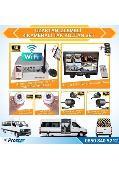 Uzaktan İzlemeli 4 Kameralı Wifi 1 Tb Harddisk 7 İnç Ekranlı Ara
