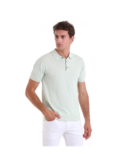 Hatemoğlu Su Yeşili Comfort Fit Düz Polo Yaka Rayon Triko Tişört Yeşil