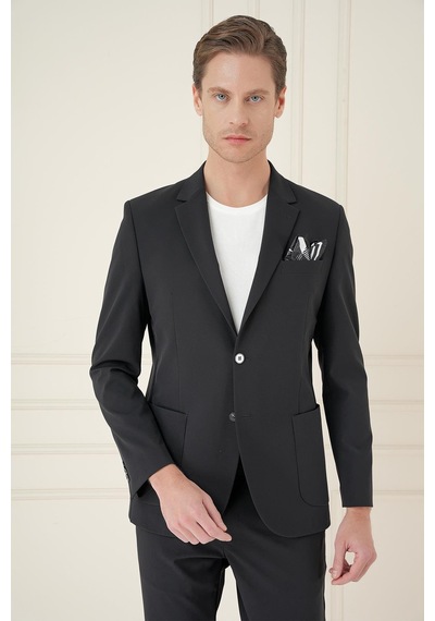 Efor Slim Fit Torba Cep Esnek Spandex Karışımlı Düz Siyah Blazer Ceket C 696 Siyah