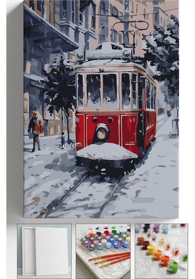 Sayılarla Boyama Seti Numaralı Tuval Fırça Boya Askı Aparatı Dahil Set 40x50 Cm - Karlı Tranvay