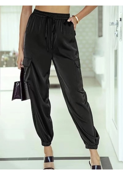Valensdesign Kadın Yüksek Bel Bağcıklı Cepli Paça Ağzı Lastikli Parasüt Pantolon Siyah
