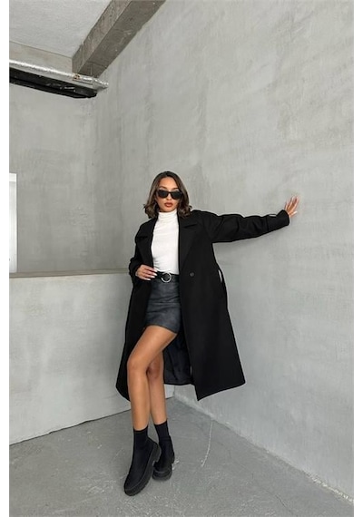 Dip Moda Kadın Astarlı Siyah İthal Kaşe Kaban Dpnbg048 Siyah
