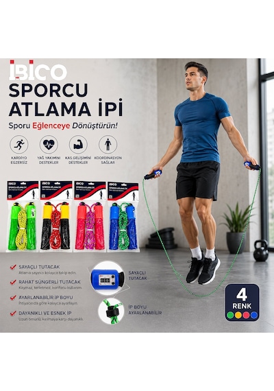 İbico İ19-018 Atlama İpi Sayaçlı Renkli İp Süngerli Renkli Plastik Tutacak - 12'li Paket