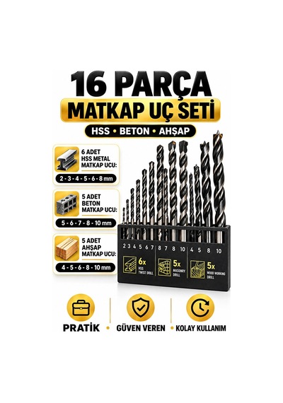 Matkap Ucu Seti 16 Parça Hss Beton Ahşap Delme