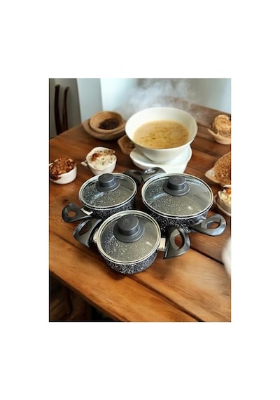 Granit Tencere Seti Cam Kapaklı, Siyah Mermer Desenli 3 Parça Saklama Kabı Ve Pişirme Tenceresi Diğer