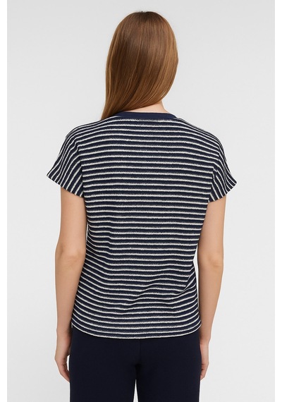 Kadın Lacivert Beyaz Çizgili V Yaka Kısa Kollu Örme T-shirt, Bluz Lacivert