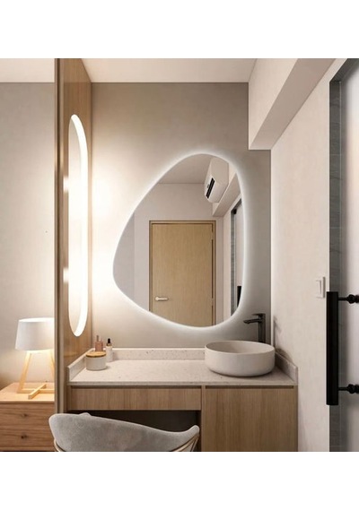 55x77 Cm Modern Asimetrik Led Banyo Aynası Dokunmatik Sensörlü, Dimmerli, 6500k Beyaz Işık Beyaz