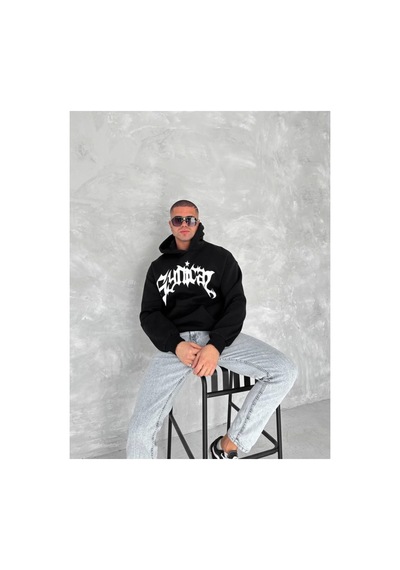Butik İstanbul Unisex Üç İplik Kapşonlu Baskılı Sweatshirt - Siyah