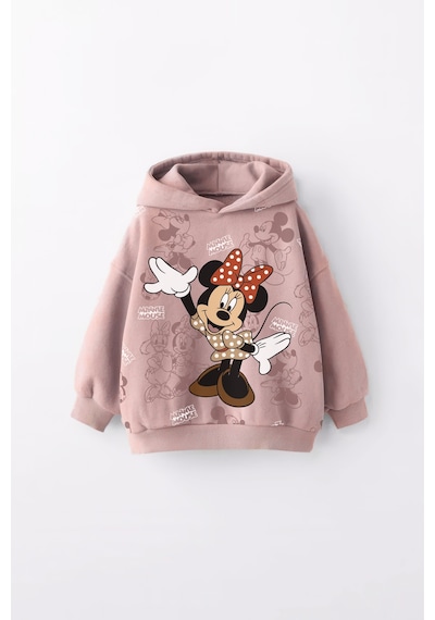 Kız Çocuk Minnie Baskılı Kapüşonlu Manşetli Sweatshirt Pudra