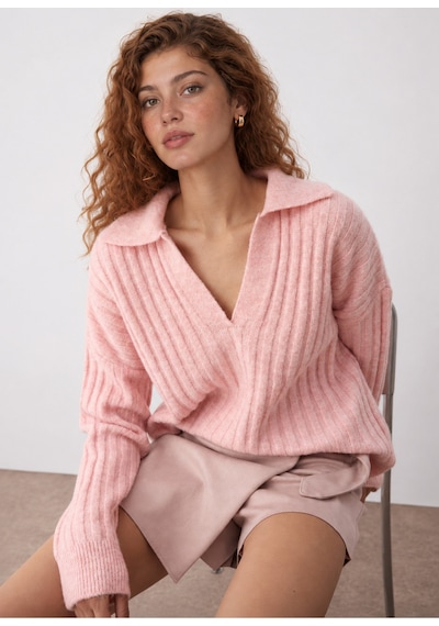 Maison Velora Kadın Pembe Polo Yaka V Yaka Fitilli Oversize Triko Kazak Pudra Pudra
